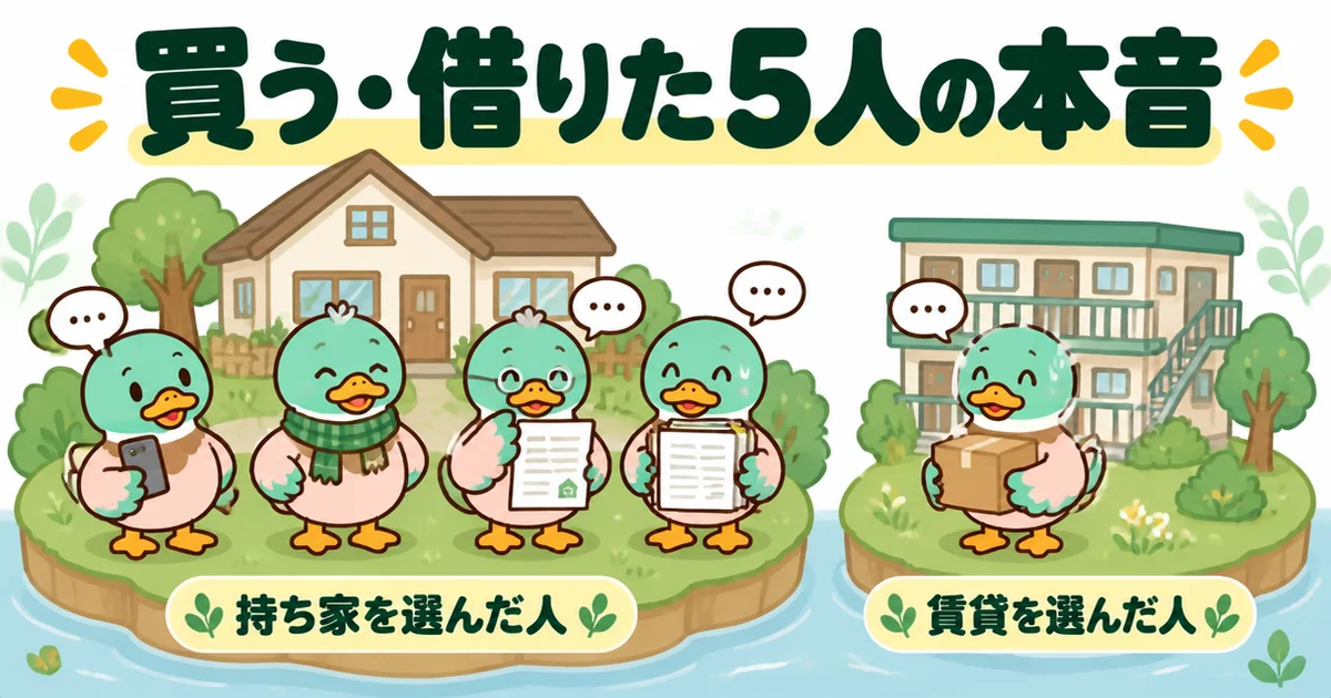 家は買うなというひろゆき論を前に、持ち家を選んだ4人と賃貸を選んだ1人の合わせて5人が本音を語る様子のイラスト。