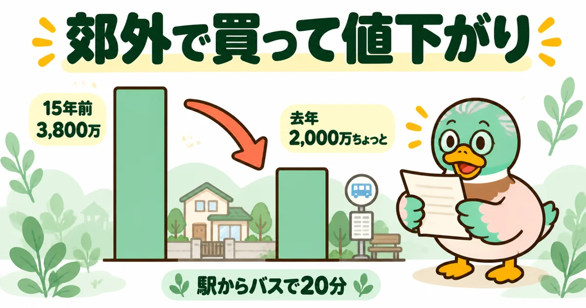 ひろゆきの家は買うな論どおり、15年前に3,800万で建てた郊外の家が2,000万ちょっとに値下がりしたことを示す棒グラフ。