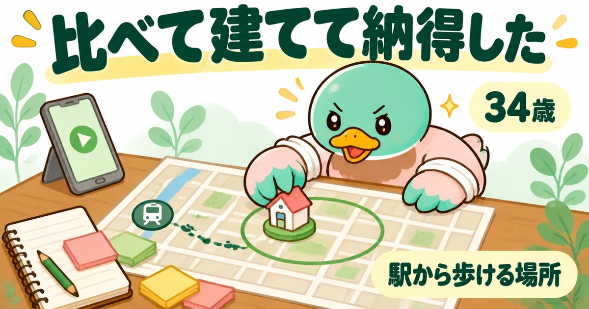 ひろゆきの家は買うなという動画を見て、損しないように駅から歩ける場所を選んで建てた34歳の男性のイラスト。