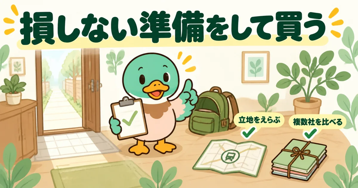 家は買うなというひろゆき論への結論として、立地をえらぶ・複数社を比べるという損しない準備を確かめるあいみつのイラスト。