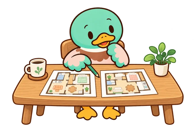 二つの間取り案を机に並べ、違いを確かめるあいみつ。