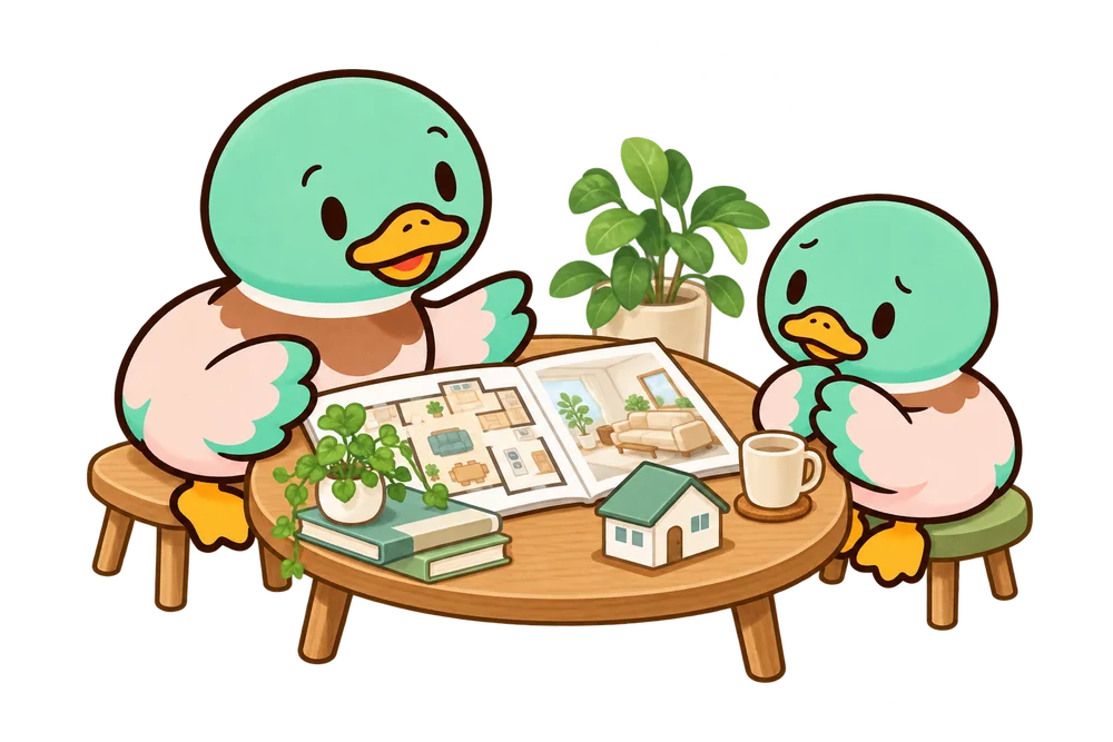 住まいに悩むカモの話を聞きながら、間取りを一緒に眺めるあいみつ。