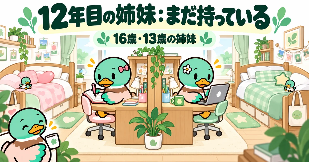 机とベッドの配置を工夫し、同じ部屋で過ごす16歳と13歳の姉妹のカモ。
