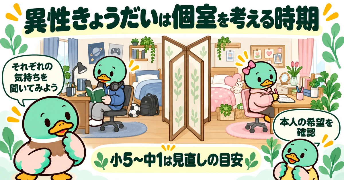 子供本人の希望を確かめながら、個室やプライバシーを考える親子のカモ。