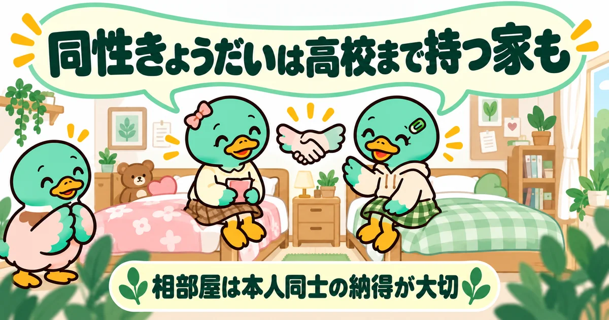 同じ部屋で暮らすことについて、ベッドに座って話し合う姉妹のカモ。