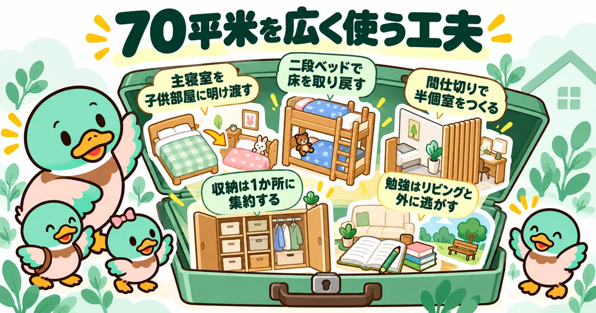 部屋の入れ替え、二段ベッド、間仕切り、収納、勉強場所の工夫を紹介するあいみつ。