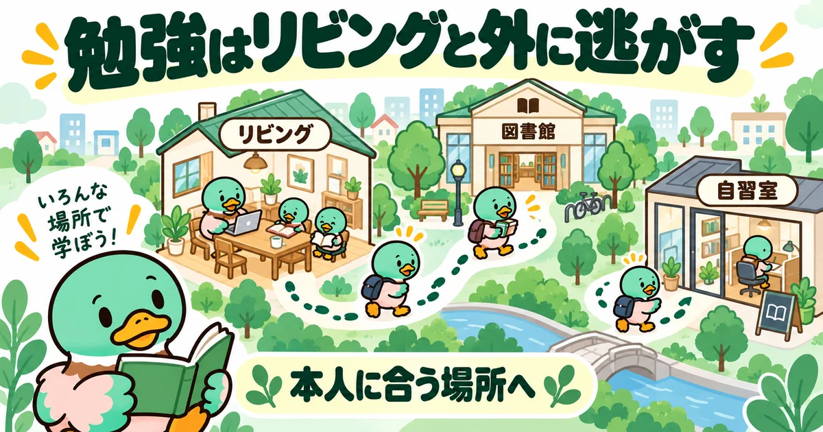 リビング、図書館、自習室など、自分に合った勉強場所を探す地図のイラスト。