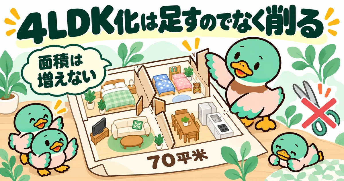 同じ70平米の紙を細かく区切り、部屋数を増やしても面積は増えないことを示す図。