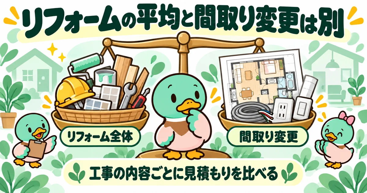リフォーム全体と間取り変更では工事の内容が異なることを表す天秤の図。