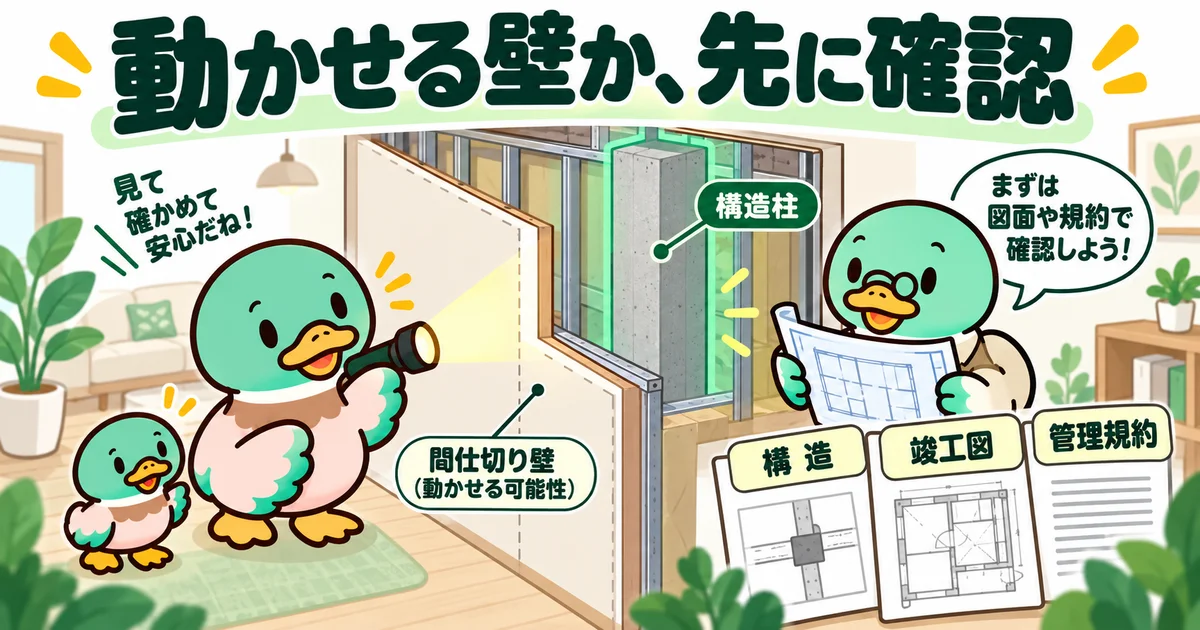 壁の中の構造を照らし、図面と管理規約を確認するカモたち。