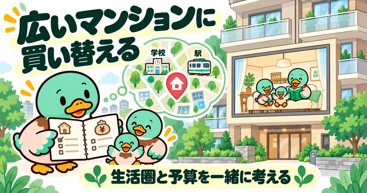 広いマンションへの買い替えと、生活圏や予算を一緒に考える図。