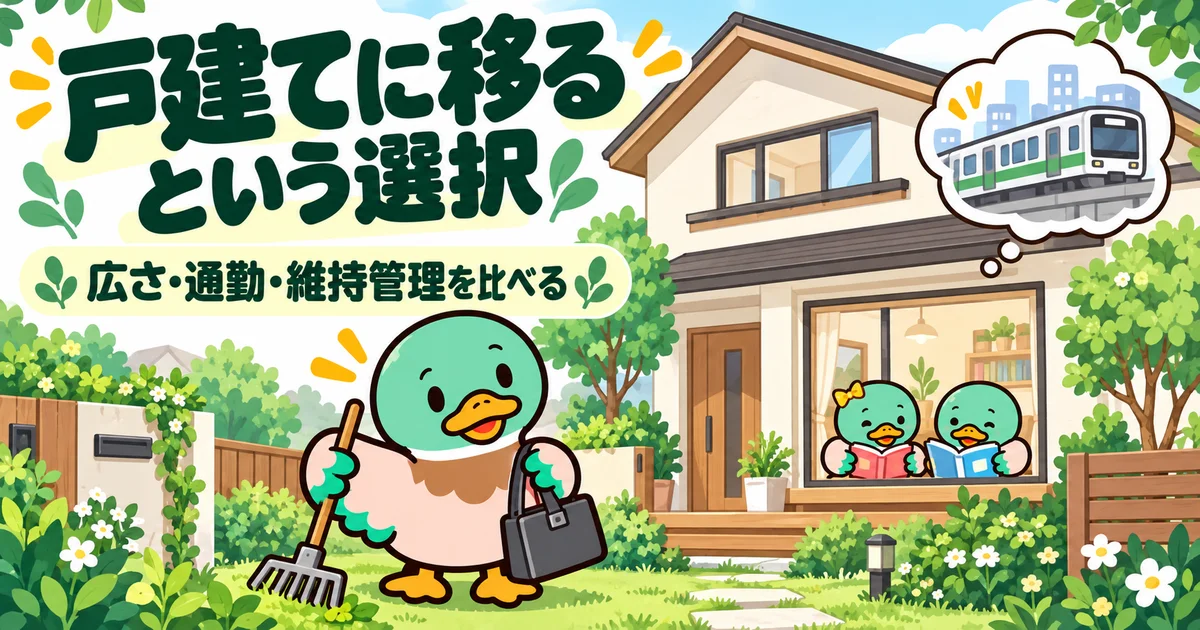 戸建ての庭で、広さだけでなく通勤と維持管理について考えるあいみつ。
