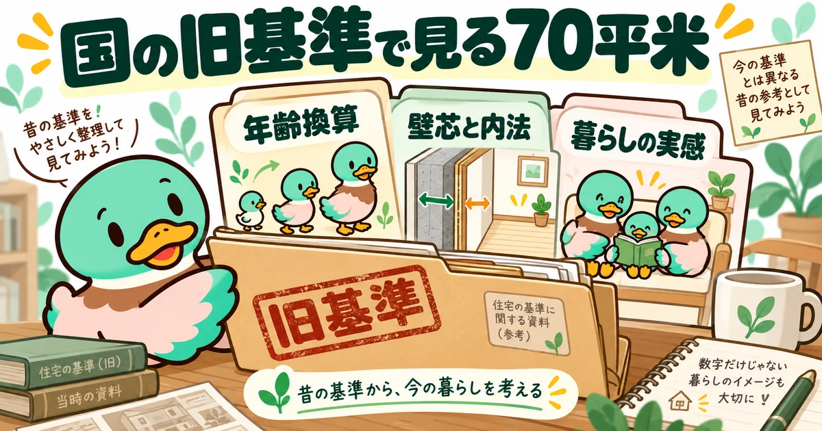旧基準の資料を開き、年齢換算、壁芯と内法、暮らしの実感を確認する図。