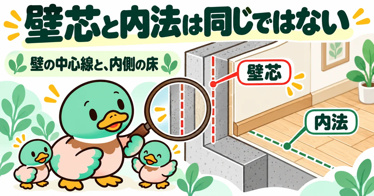 壁の中心を測る壁芯と、壁の内側を測る内法の違いを示す拡大図。