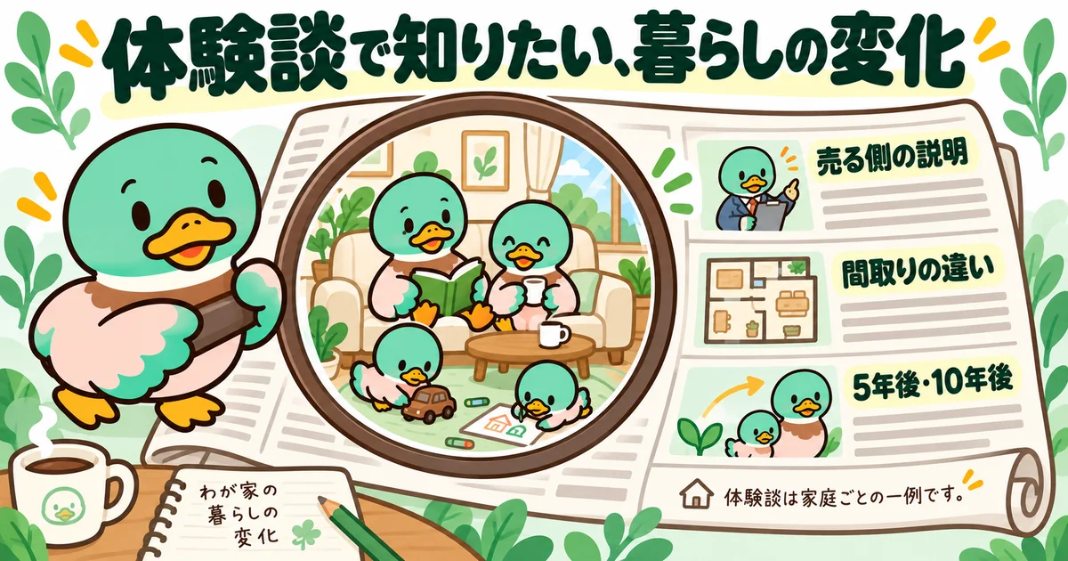 体験談から暮らしの変化を読み取る様子を、新聞と虫眼鏡で描いた図。
