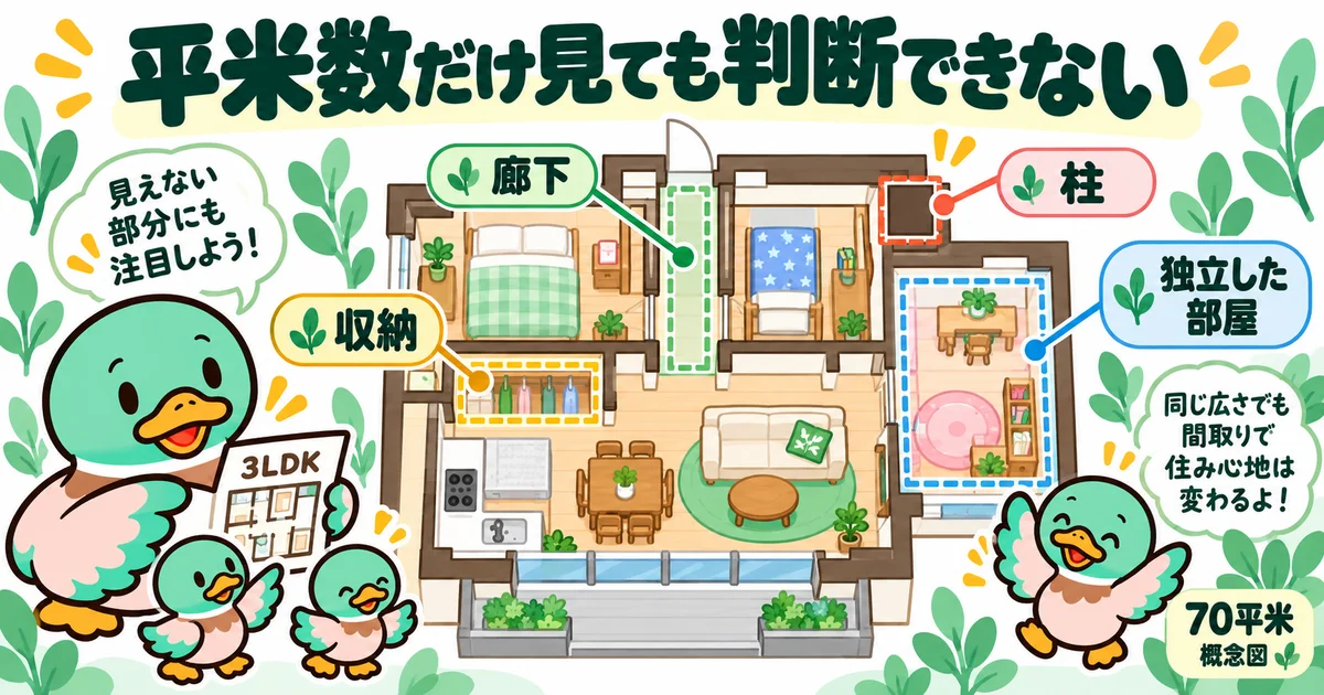 廊下、柱、収納、独立した部屋に注目して、間取りを確かめる概念図。