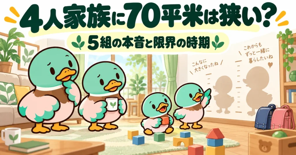 4人家族のカモと、子供の成長を思い浮かべるあいみつを描いたリビングの場面。