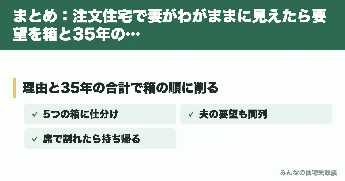まとめ：注文住宅で妻がわがままに見えたら要望を箱と35年の合計に直す