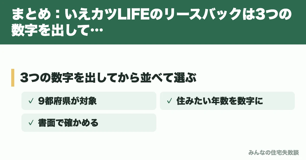 まとめ：いえカツLIFEのリースバックは3つの数字を出してから並べる