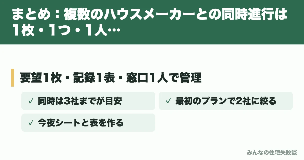 まとめ：複数のハウスメーカーとの同時進行は1枚・1つ・1人で管理する