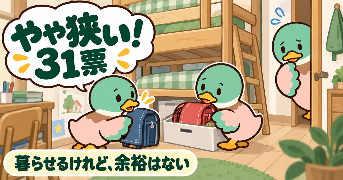 狭い相部屋でランドセルの置き場所に困るカモの子供たちと見守るあいみつ。