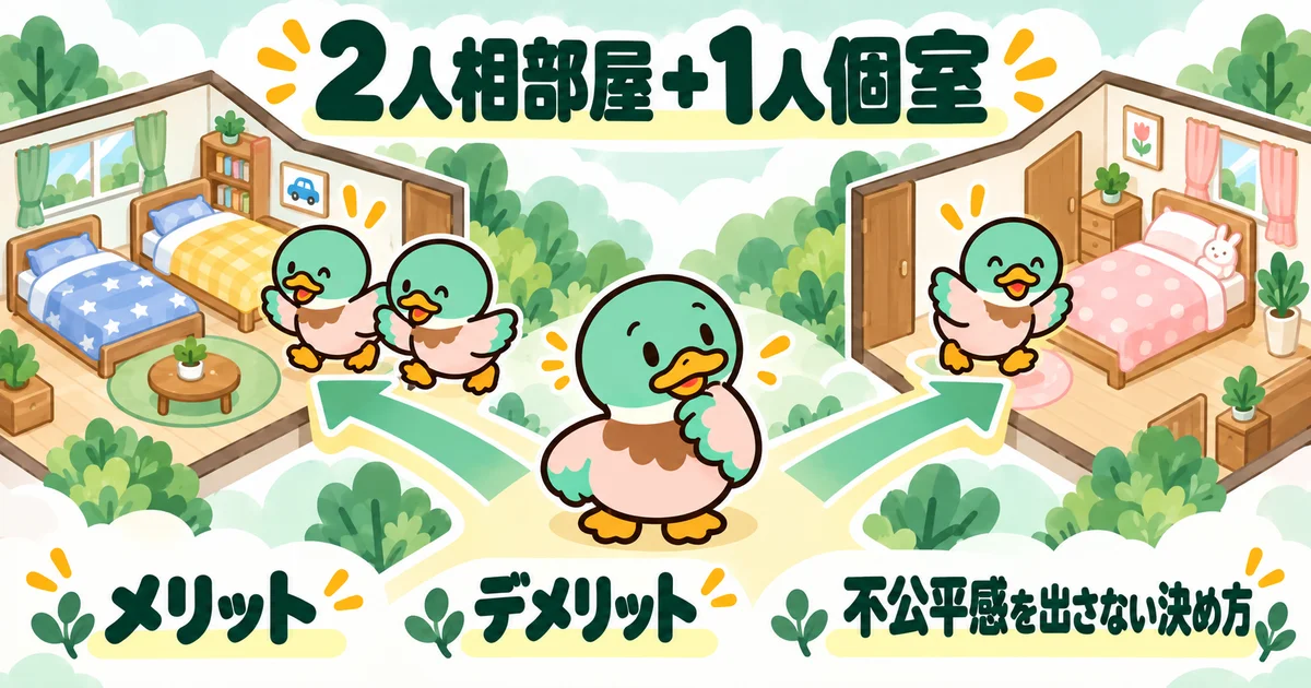 子供2人が相部屋、1人が個室を使う配置をあいみつが案内する図。