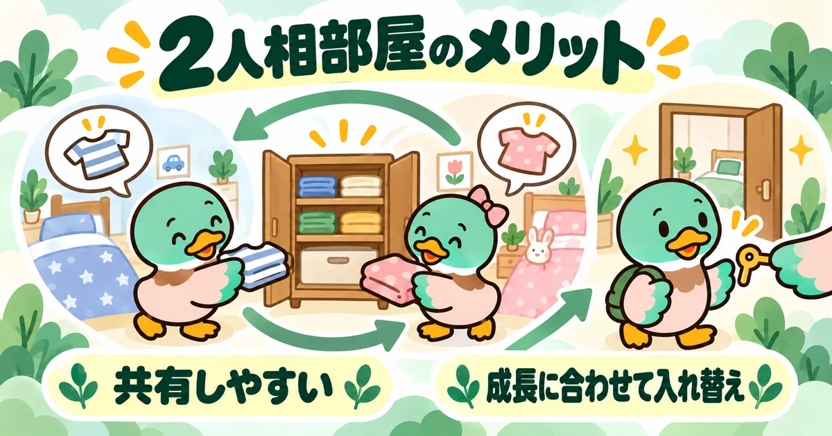 相部屋で服を共有し、成長に合わせて個室の担当を入れ替えるイラスト。