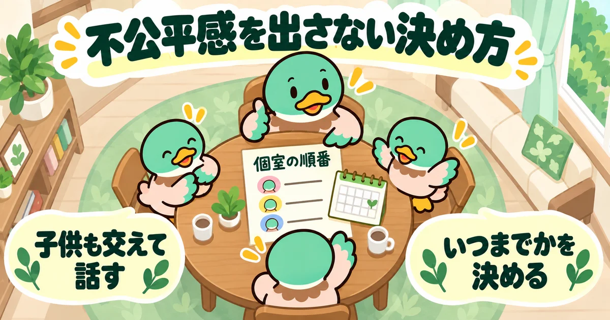 あいみつと子供たちがテーブルを囲み、個室の順番と期限を話し合う場面。