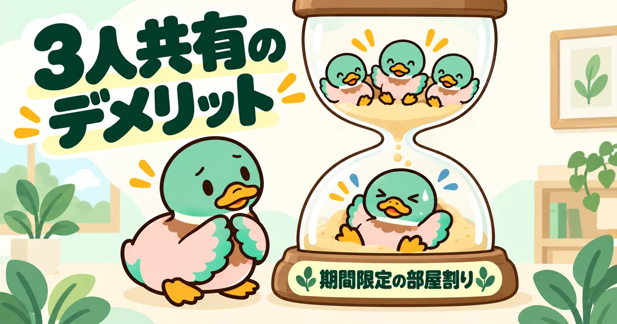 砂時計の中の小さな3羽と成長したカモで、3人共有が期間限定であることを表す図。