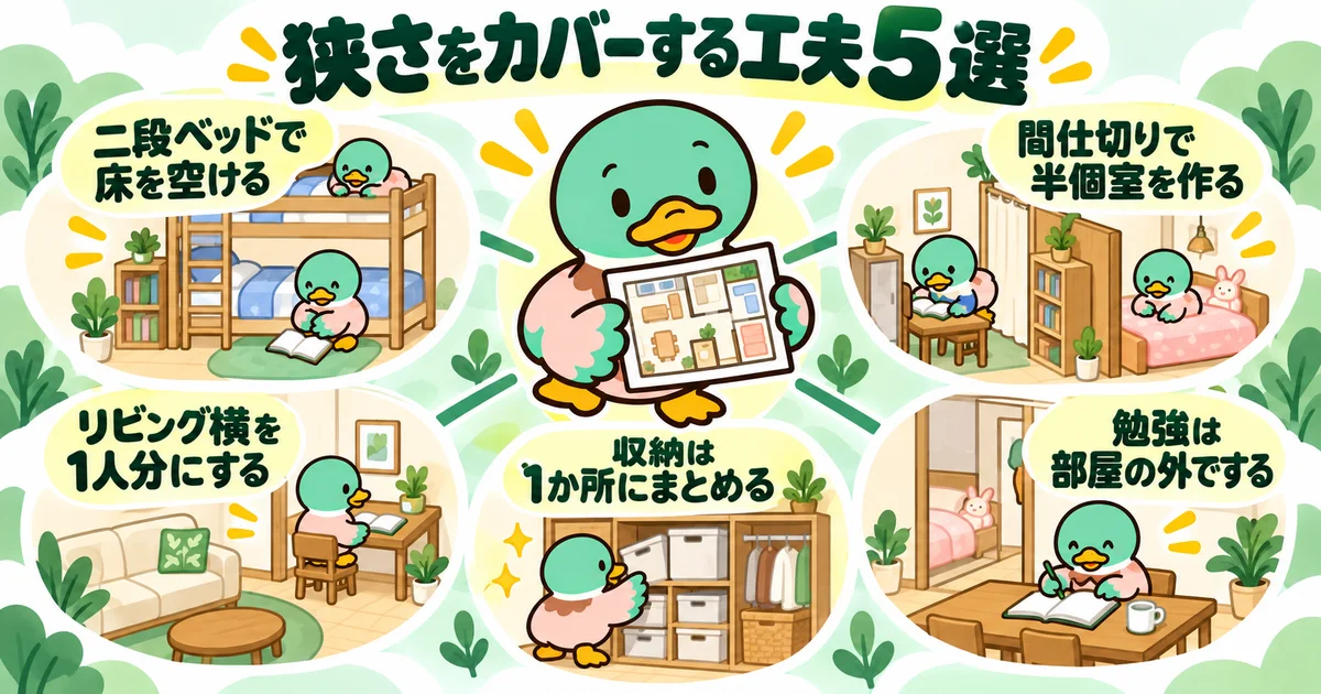 あいみつを中心に、二段ベッド、間仕切り、リビング横、収納集約、部屋の外での勉強を示す図。