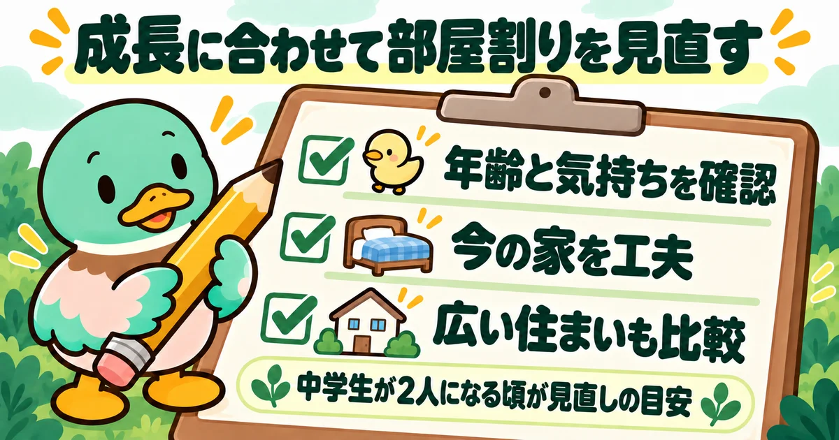 あいみつが子供の年齢と気持ち、今の家の工夫、広い住まいの比較を確認するチェック表。