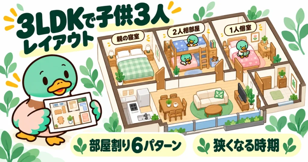あいみつが親の寝室、子供2人の相部屋、1人の個室を備えた3LDKを案内する図。