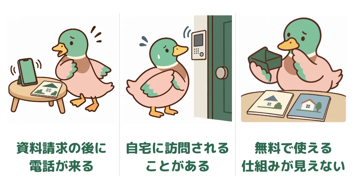資料請求後の電話、自宅への訪問、無料の仕組みが見えないことに不安を感じるあいみつを、三つの場面とH3に沿う文言で示した図解。