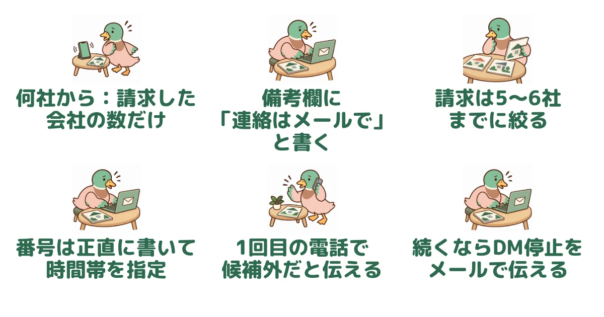 電話に戸惑うあいみつや、メールを書く・カタログを選ぶ・断る場面を並べ、連絡元の数と電話を減らす五つの方法を示した図解。
