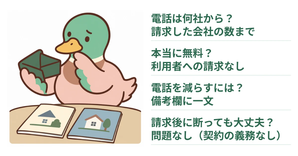 不安そうに考えるあいみつと、電話の連絡元、利用料金、電話を減らす方法、請求後に断ることへの四つの短い答えをまとめた図解。