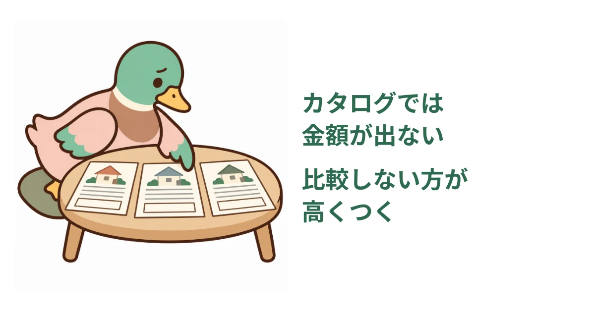 見積書を並べて慎重に考えるあいみつと、カタログでは金額が出ないこと、比較しない方が高くつくことを短くまとめた記事の結論の図解。
