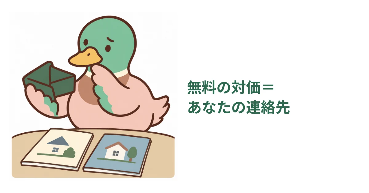 空の財布と住宅カタログを前に不安そうに考えるあいみつ。無料で使える仕組みの補足として、連絡先を渡す関係を示した図解。