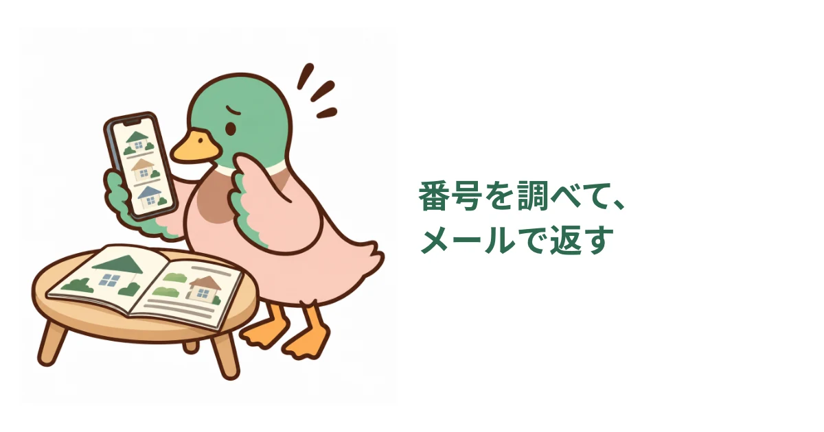 スマホを見ながら不安そうに着信元を調べるあいみつ。知らない番号を確認し、メールで返すという資料請求後の対応を短く示した図解。