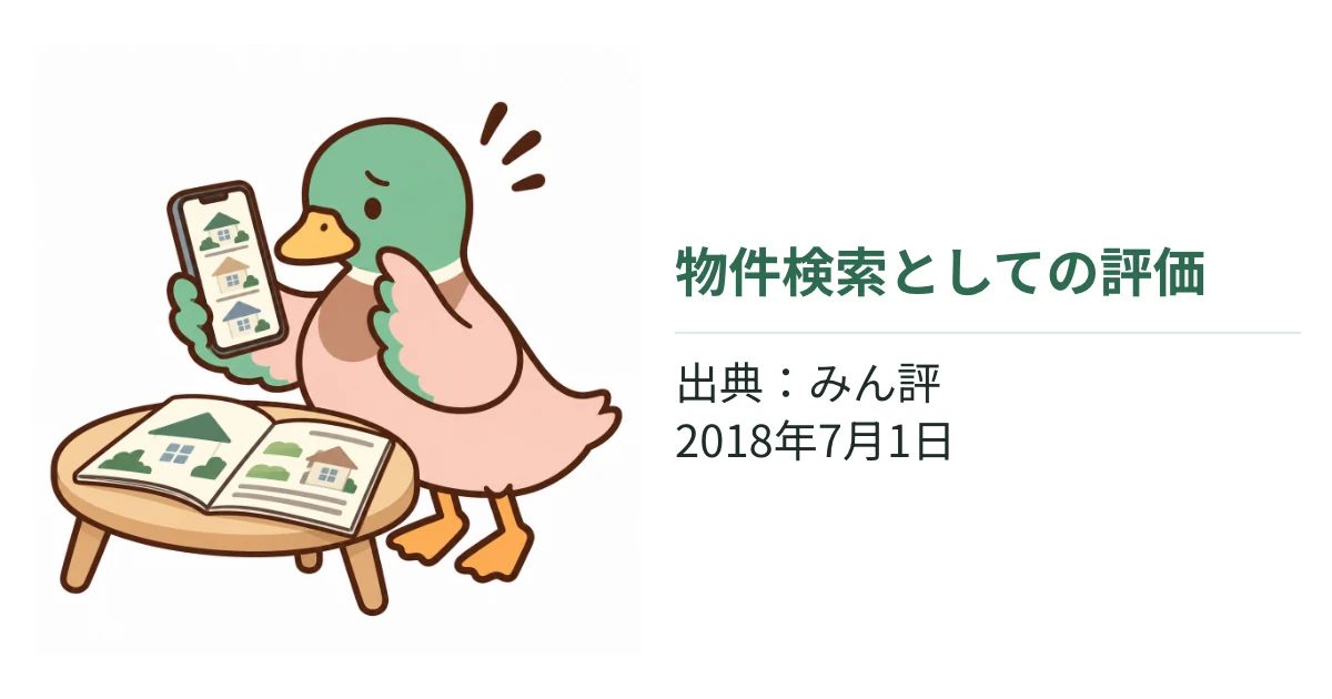スマホで家の情報を確かめるあいみつ。物件が多く探しやすいという声が物件検索への評価であることと、みん評の出典・投稿日を示す。