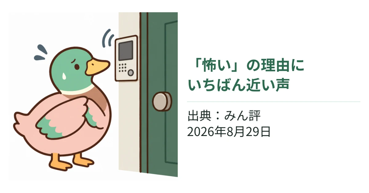 インターホンの前で訪問におびえるあいみつ。請求後の電話と訪問に関する声に、怖いと感じる理由の補足と、みん評の出典・投稿日を添える。