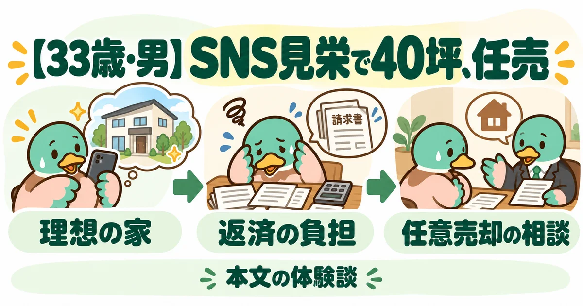 あいみつが理想の家への憧れから返済負担と任意売却相談へ至る流れを示す図。
