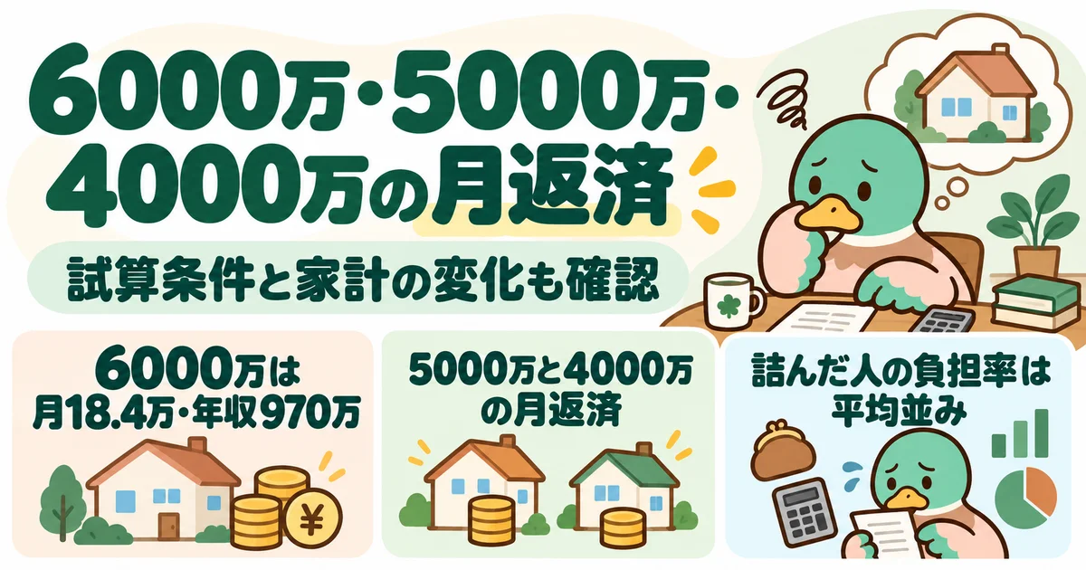 あいみつが借入額別の返済試算と家計の変化を確認する項目を案内する図。