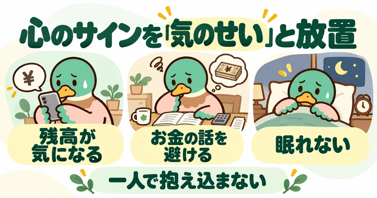 あいみつが残高が気になることやお金の話を避けること、眠れない場面を示す図。