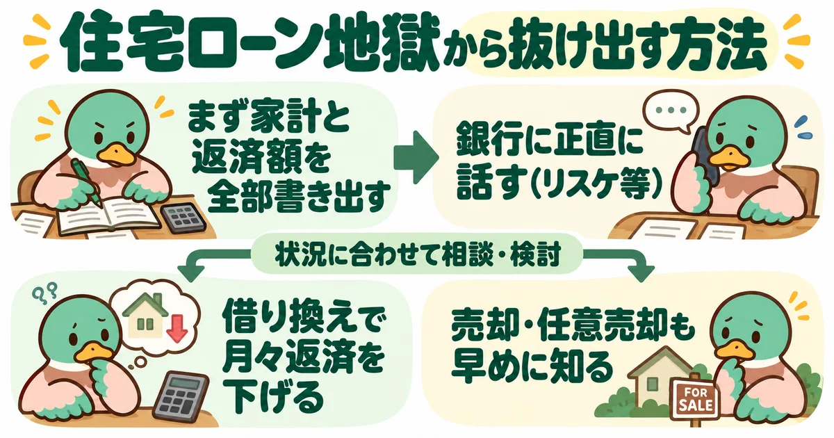 あいみつが家計の整理と銀行への相談から状況に応じた検討へ進む分岐を示す図。