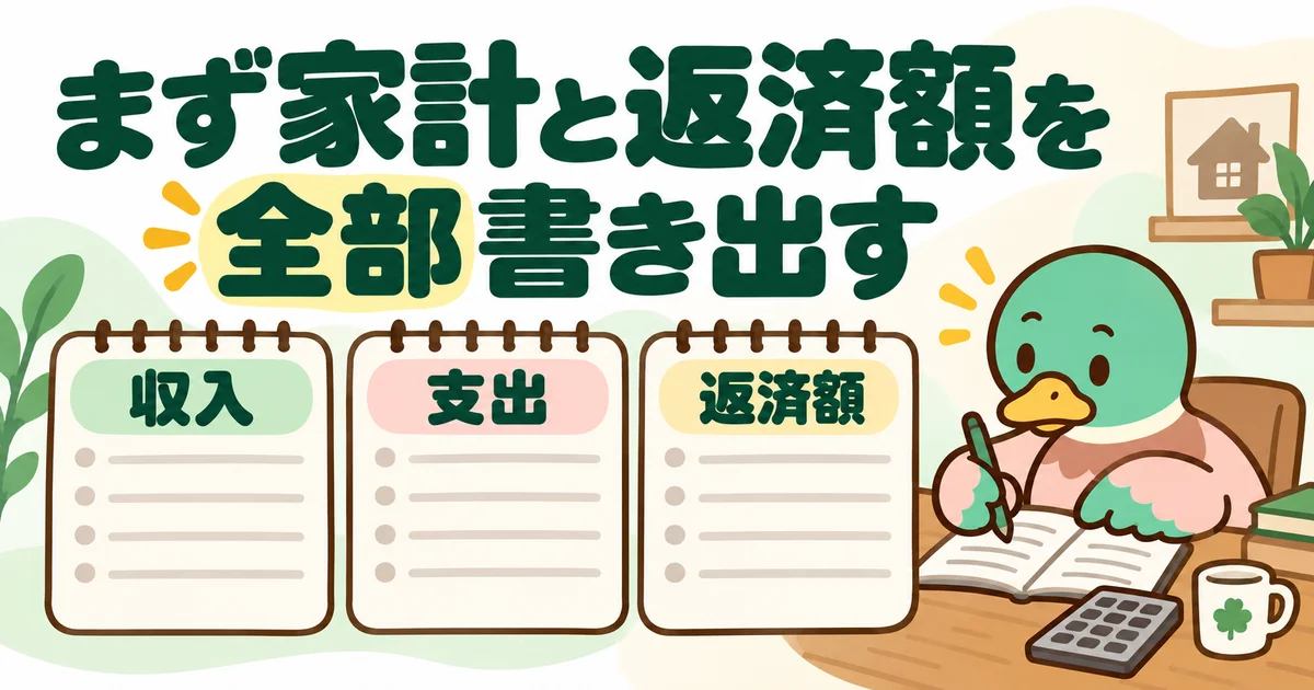 あいみつが収入・支出・返済額を書き出すノートの項目を示す図。
