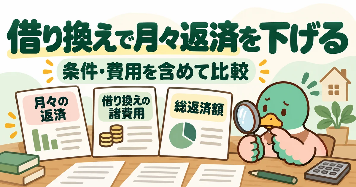 あいみつが借り換えで月返済・諸費用・総返済額を比べる項目を示す図。