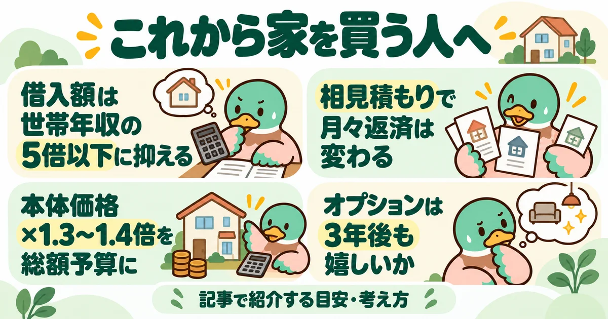 あいみつが契約前に確認したい予算と比較の4項目を案内する図。