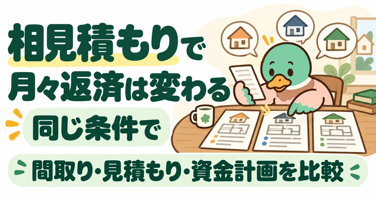 あいみつが同条件の間取り・見積もり・資金計画を並べて比べる図。