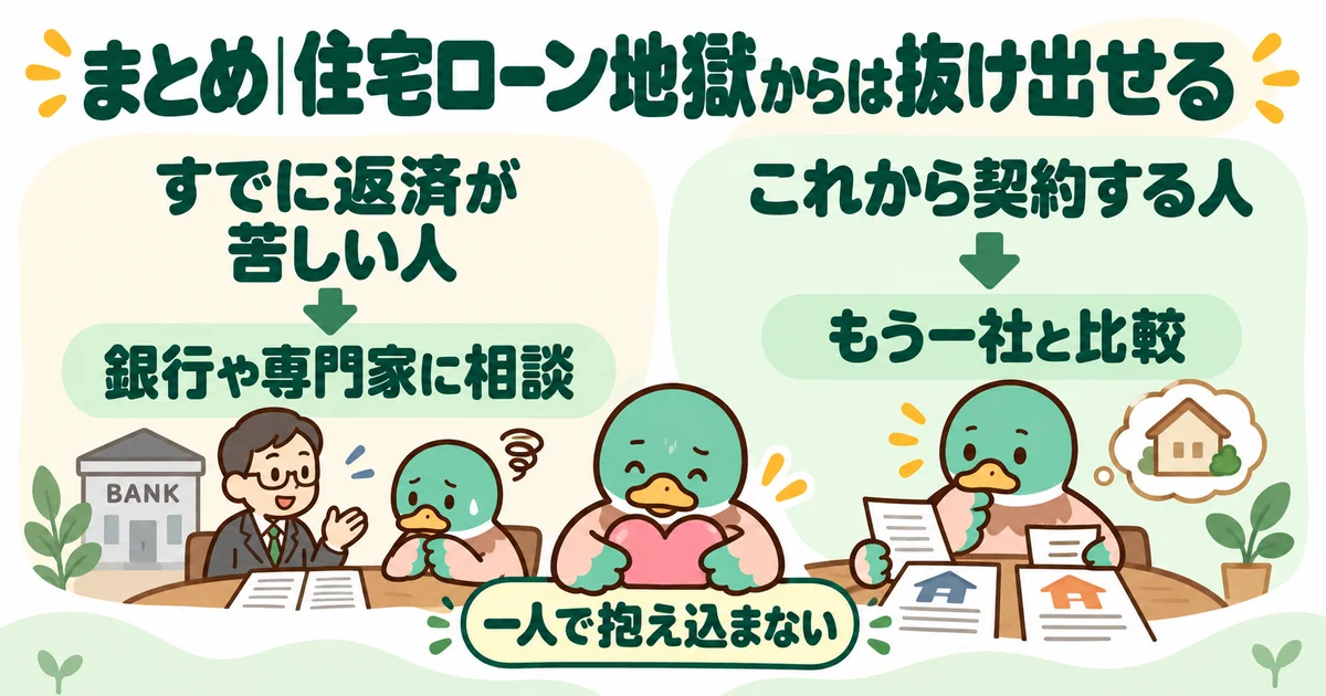 あいみつが返済中の人は相談、契約前の人は比較へ進む2つの道を示す図。