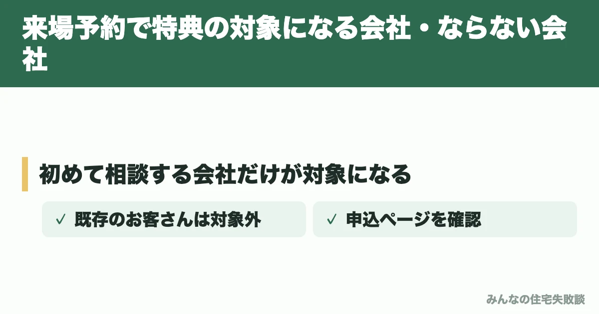 来場予約で特典の対象になる会社・ならない会社